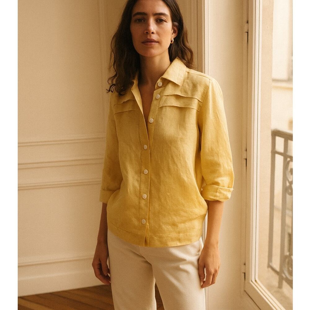 Worth Yellow Linen Button Front 3/4 Sleeve Top 14